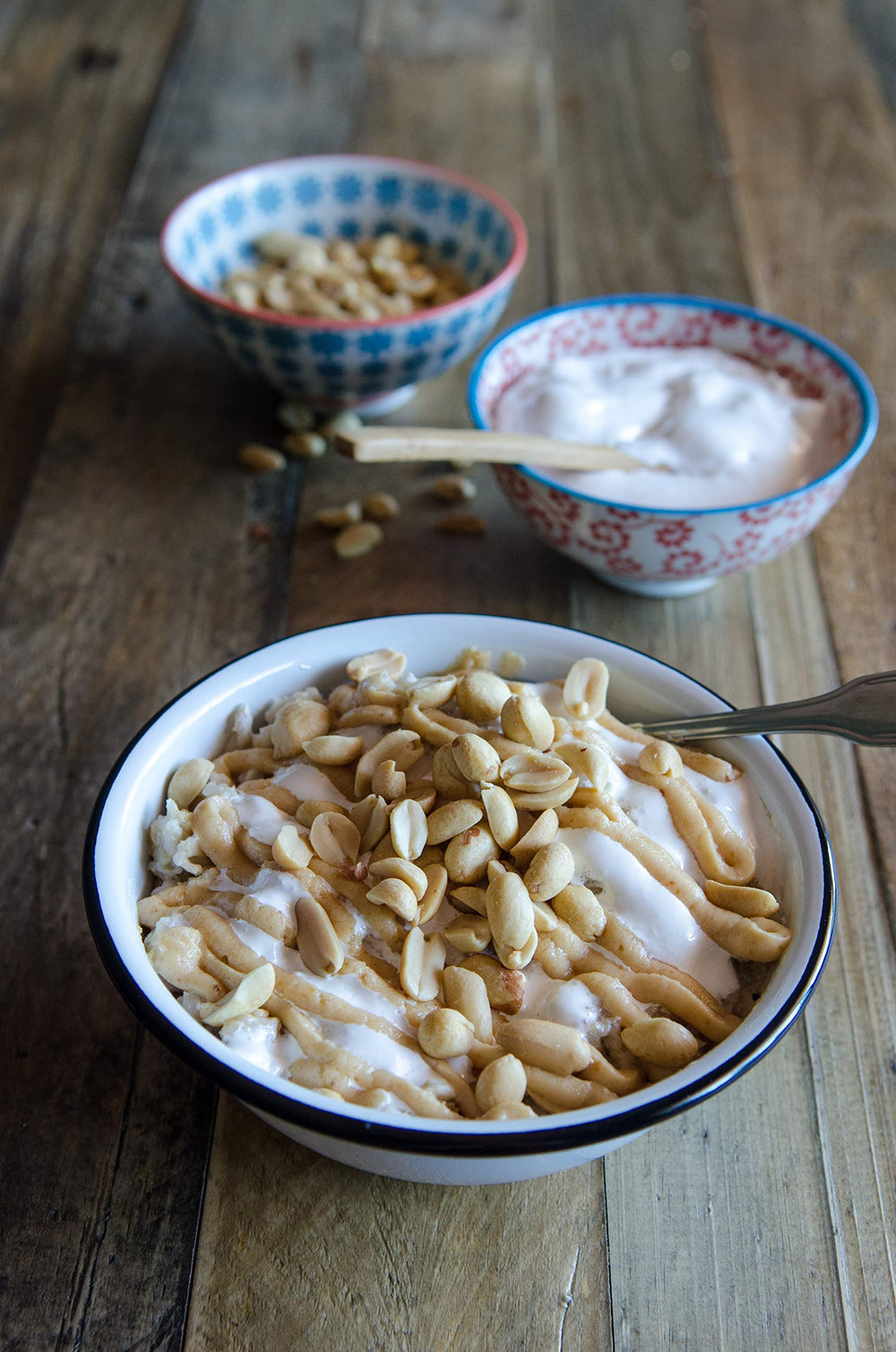 Bob's Red Mill oats breakfast table with fruit.