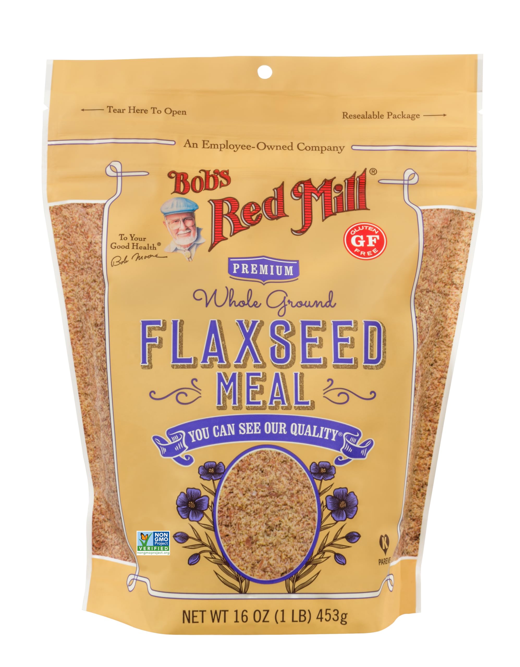 Pouring flaxseed meal into smoothie for omega-3 and protein without altering taste