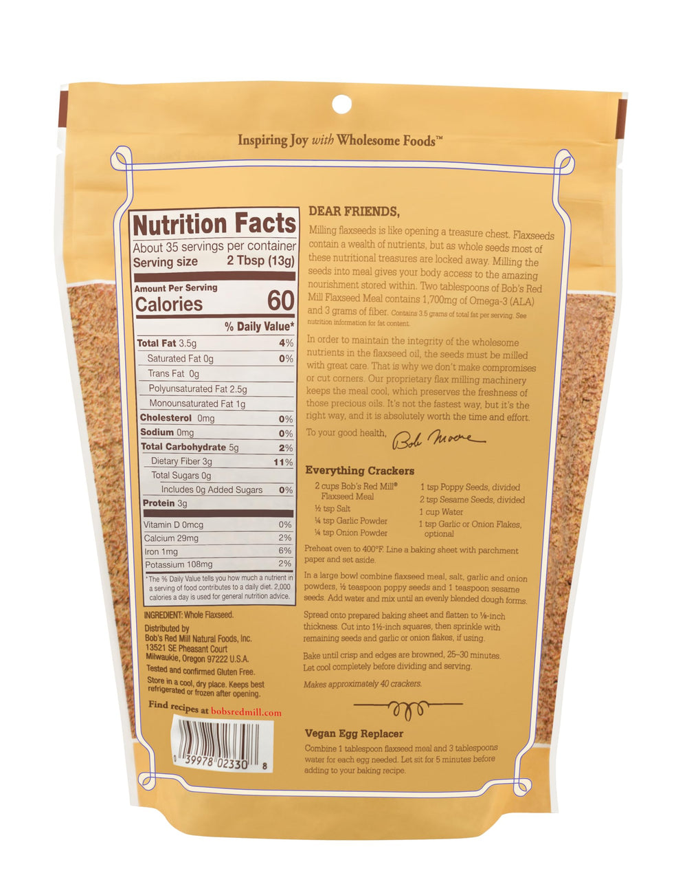 Scooping flaxseed meal into pancake batter for nutty flavor boost