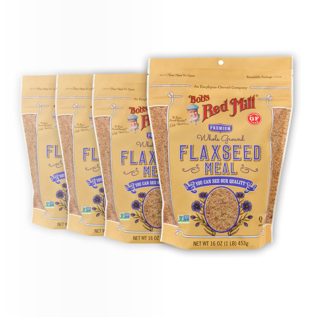 Bob's Red Mill Flaxseed Meal packaging on counter, pantry staple with omega-3 and fiber benefits