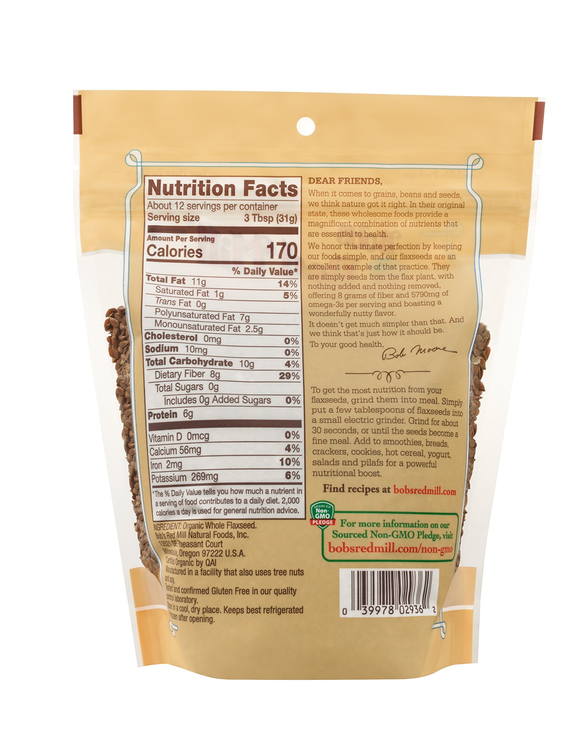 Bob's Red Mill flaxseeds in a bowl, adding fiber and omega-3.