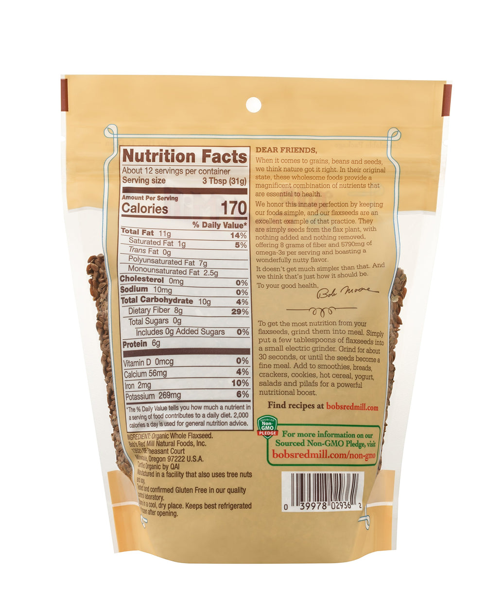 Bob's Red Mill flaxseeds in a bowl, adding fiber and omega-3.