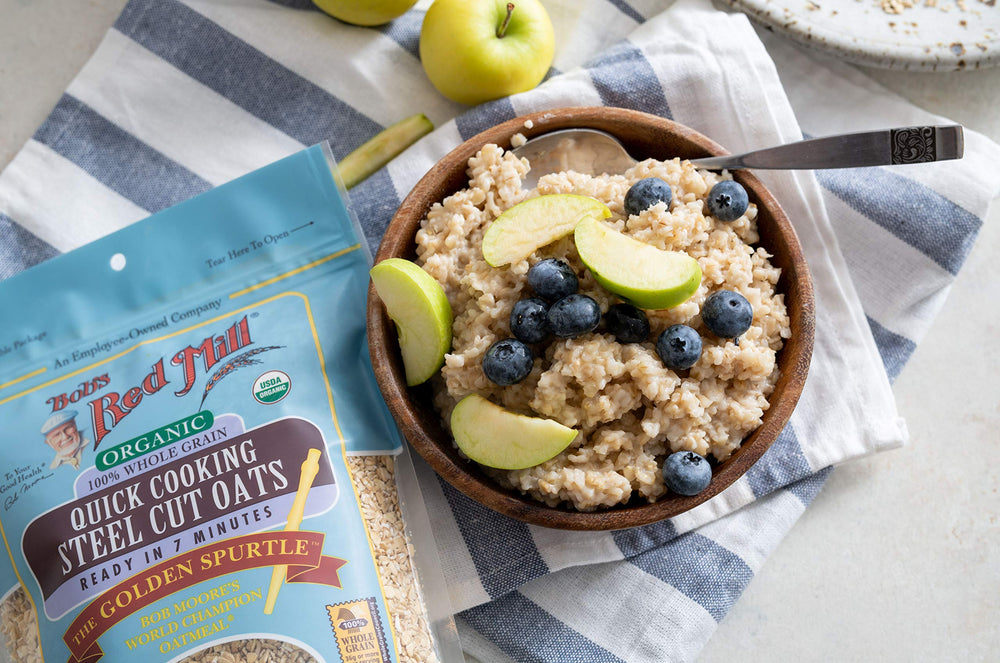 Bob's Red Mill four-pack oats on pantry shelf highlight value.