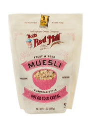 Bob's Red Mill Fruit & Seed Muesli in a bowl with wholesome grains for a filling breakfast.