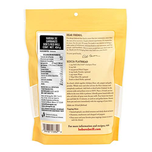 Pouring Bob's Red Mill garbanzo bean flour to show fine texture.