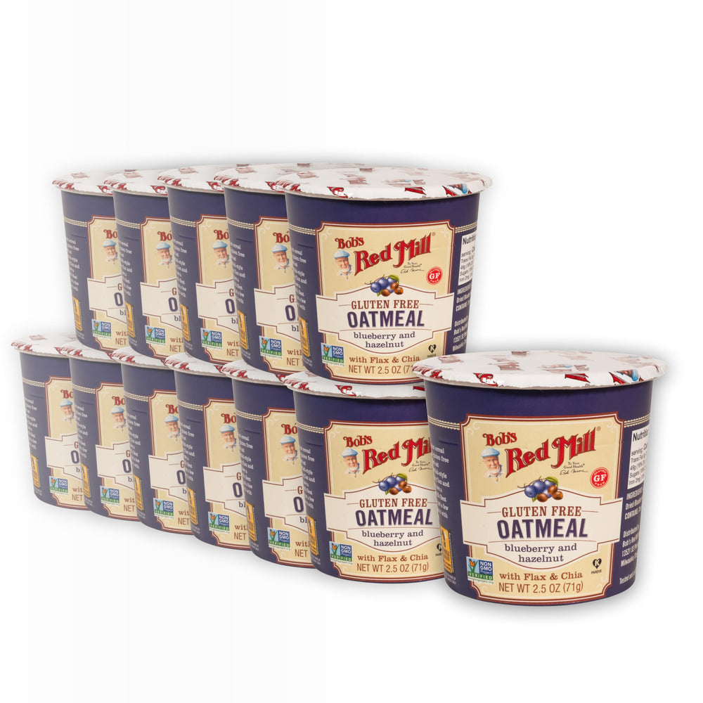 Bob's Red Mill GF Oatmeal Cup with blueberry and hazelnut in a pack for on-the-go mornings