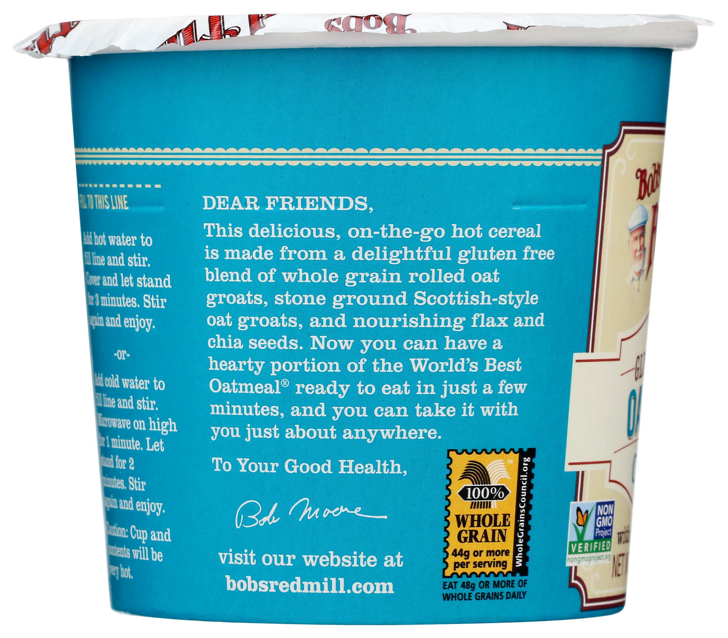 Bob's Red Mill GF Oatmeal Cup gluten-free badge on packaging
