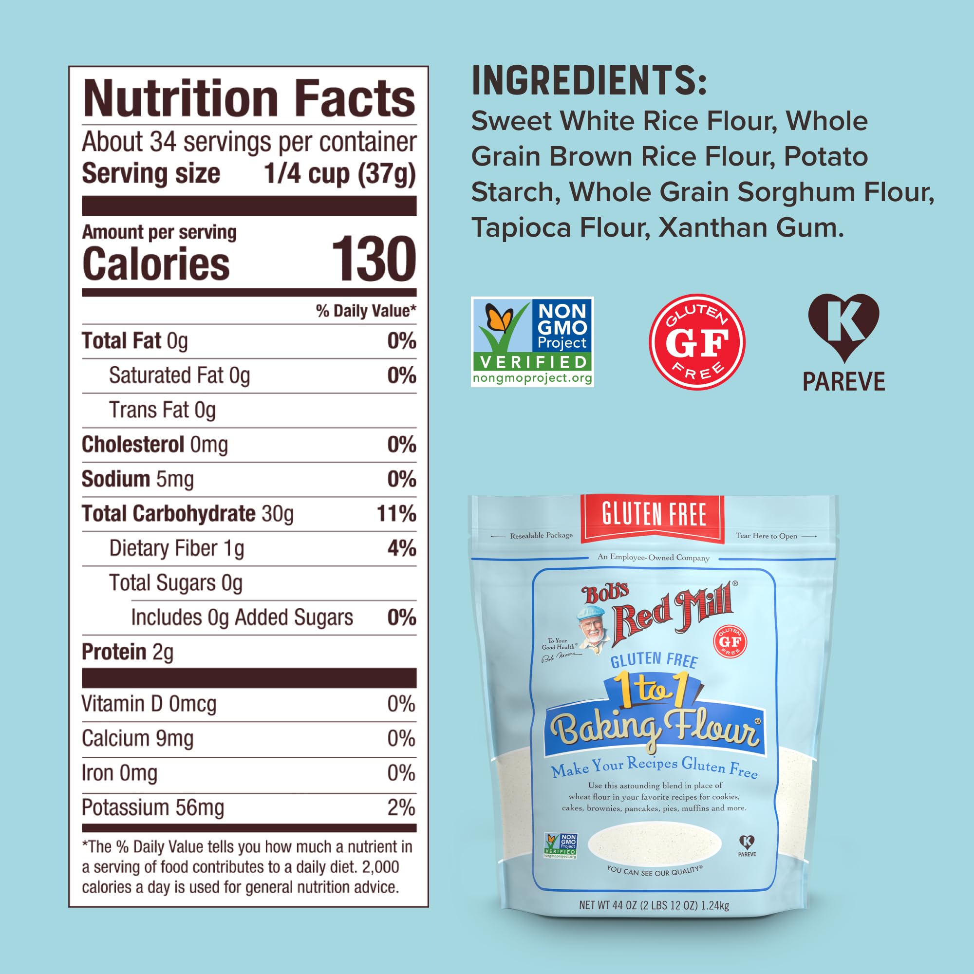Dry mix shows gluten free flour blend from Bob's Red Mill ready to replace wheat flour.
