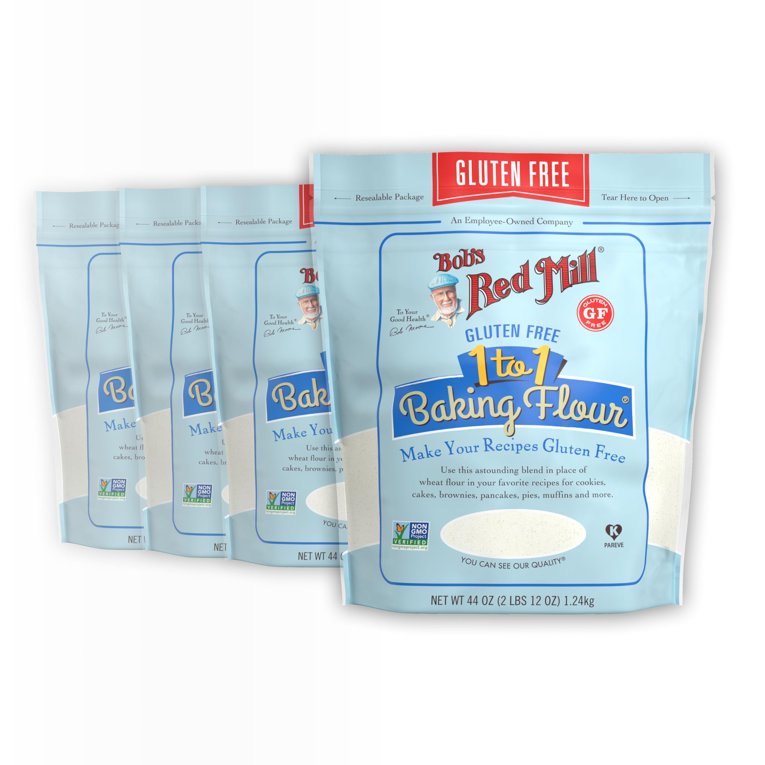 Bob's Red Mill Gluten Free 1-to-1 flour pack four, ideal for gluten-free baking.