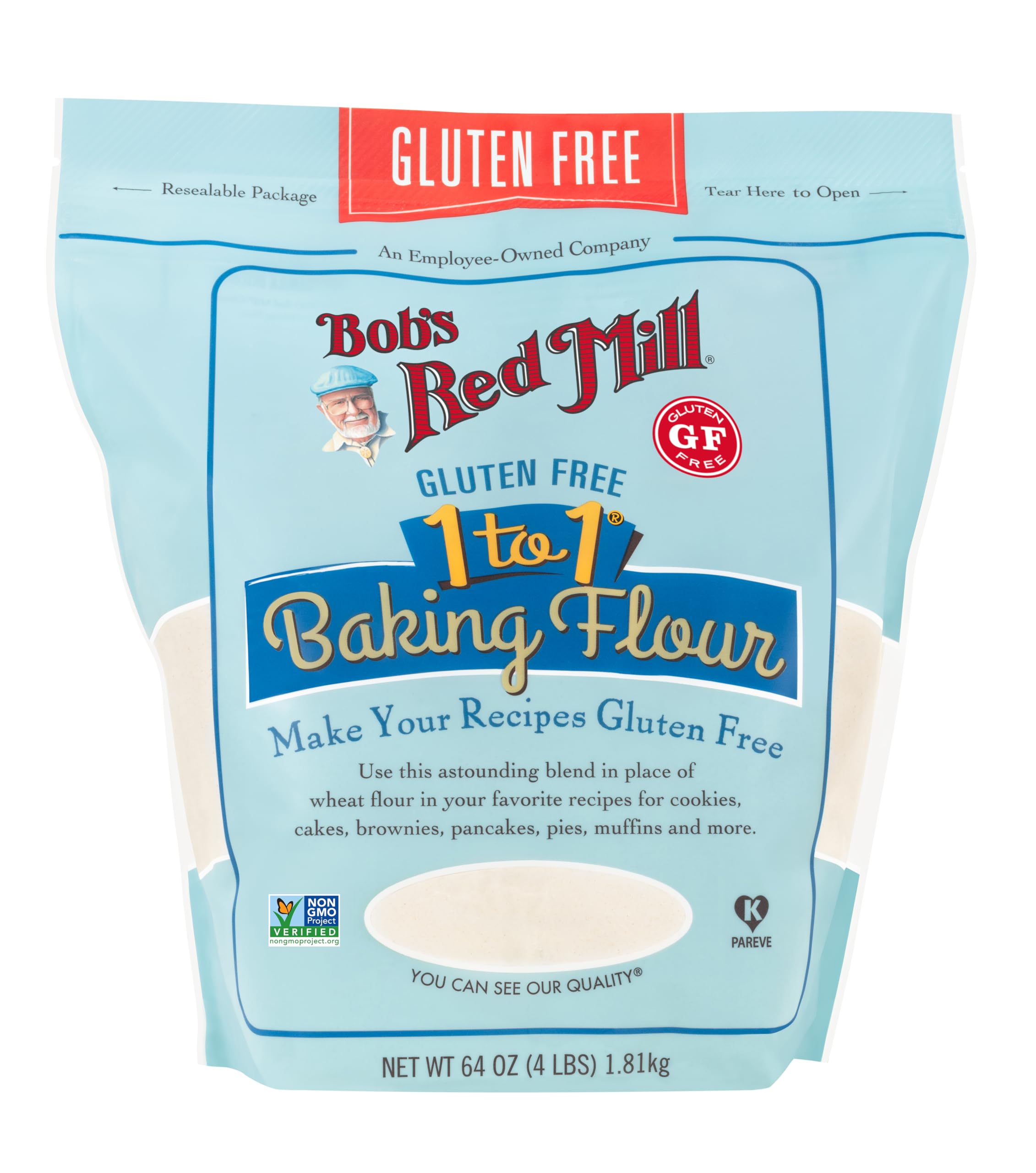 Bob's Red Mill gluten-free 1-to-1 flour vegan kosher symbols on package