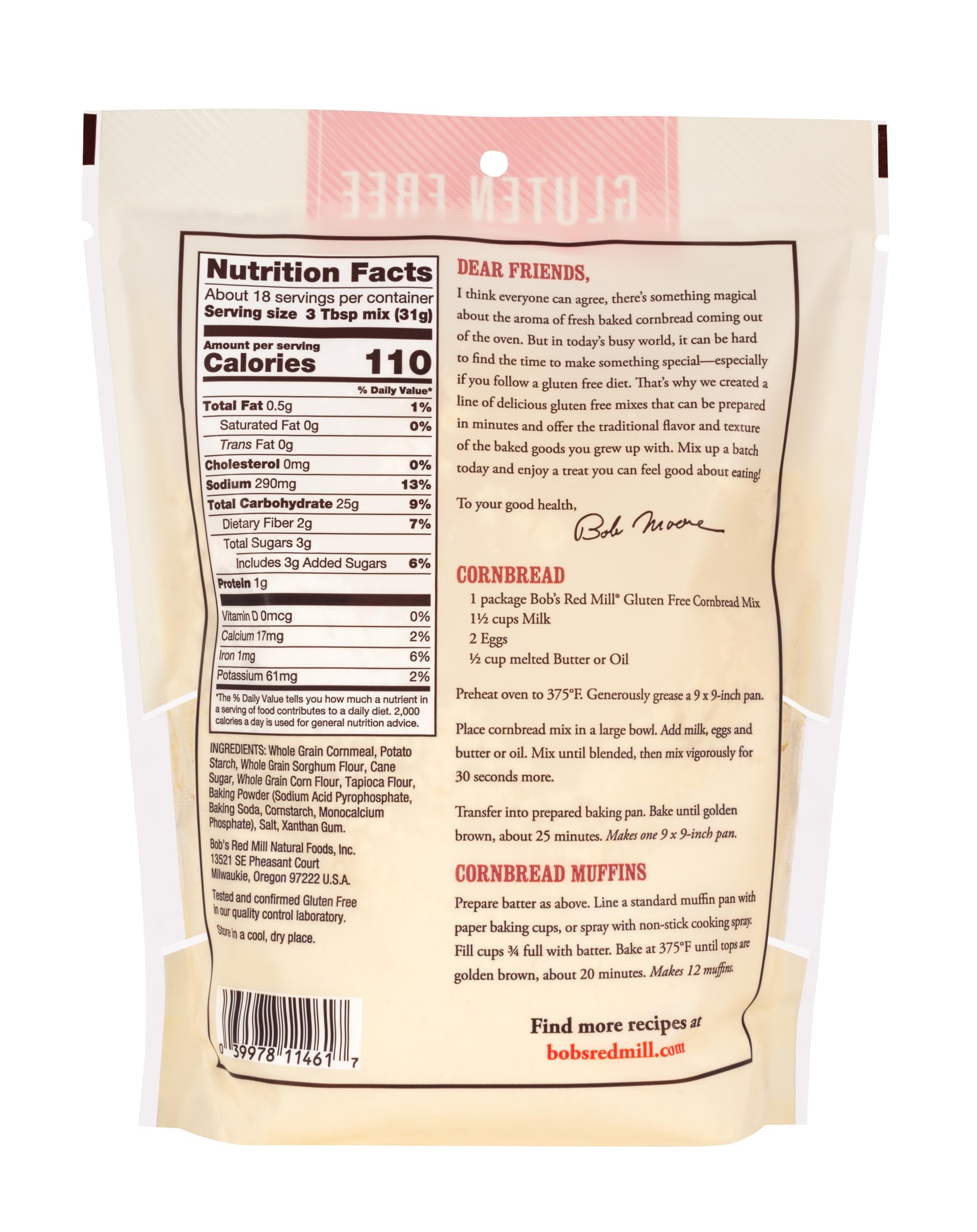 Bob's Red Mill gluten free cornbread mix ingredients - stone ground cornmeal and sorghum for tender crumb.