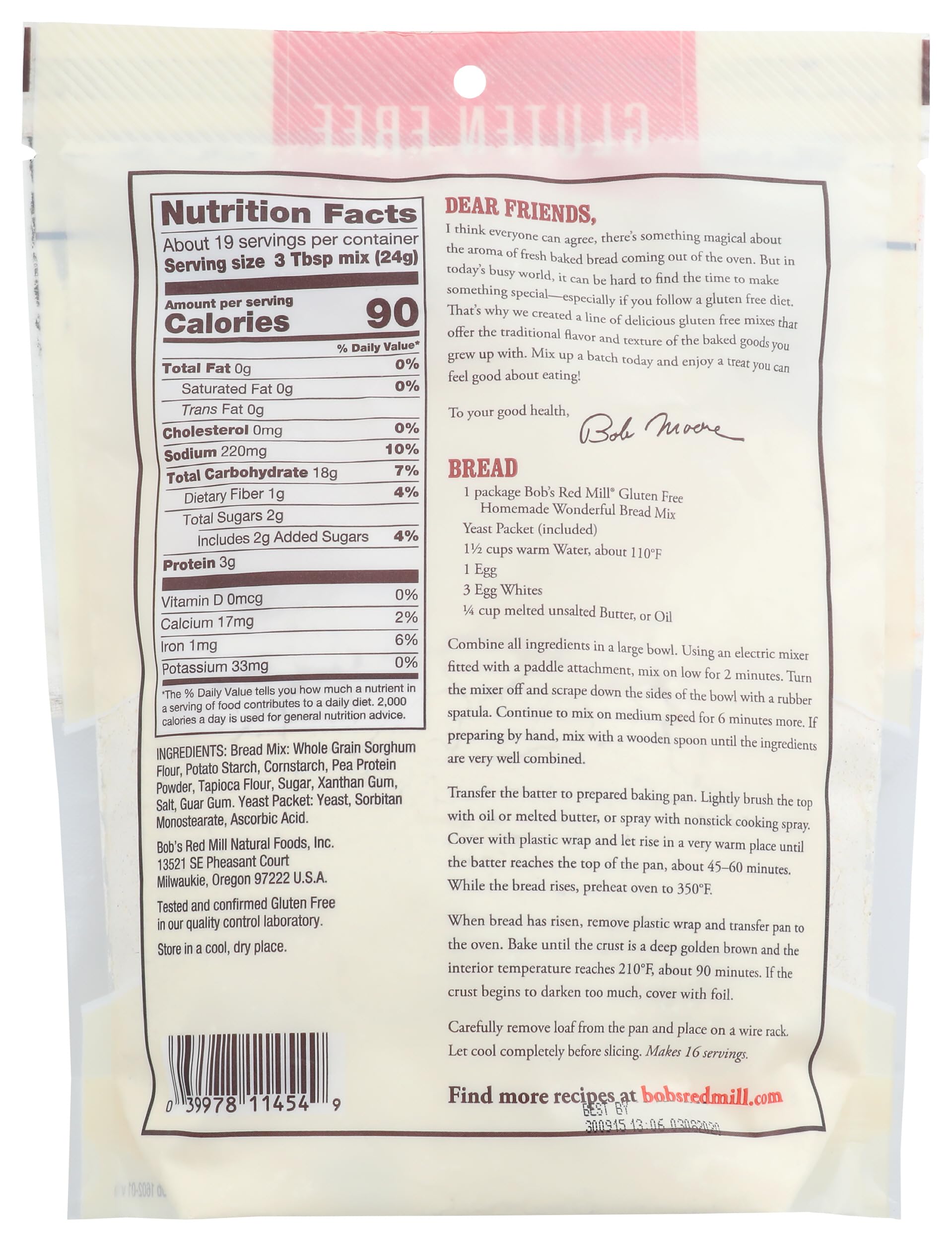 Bob's Red Mill gluten free bread mix ingredients close-up for easy prep