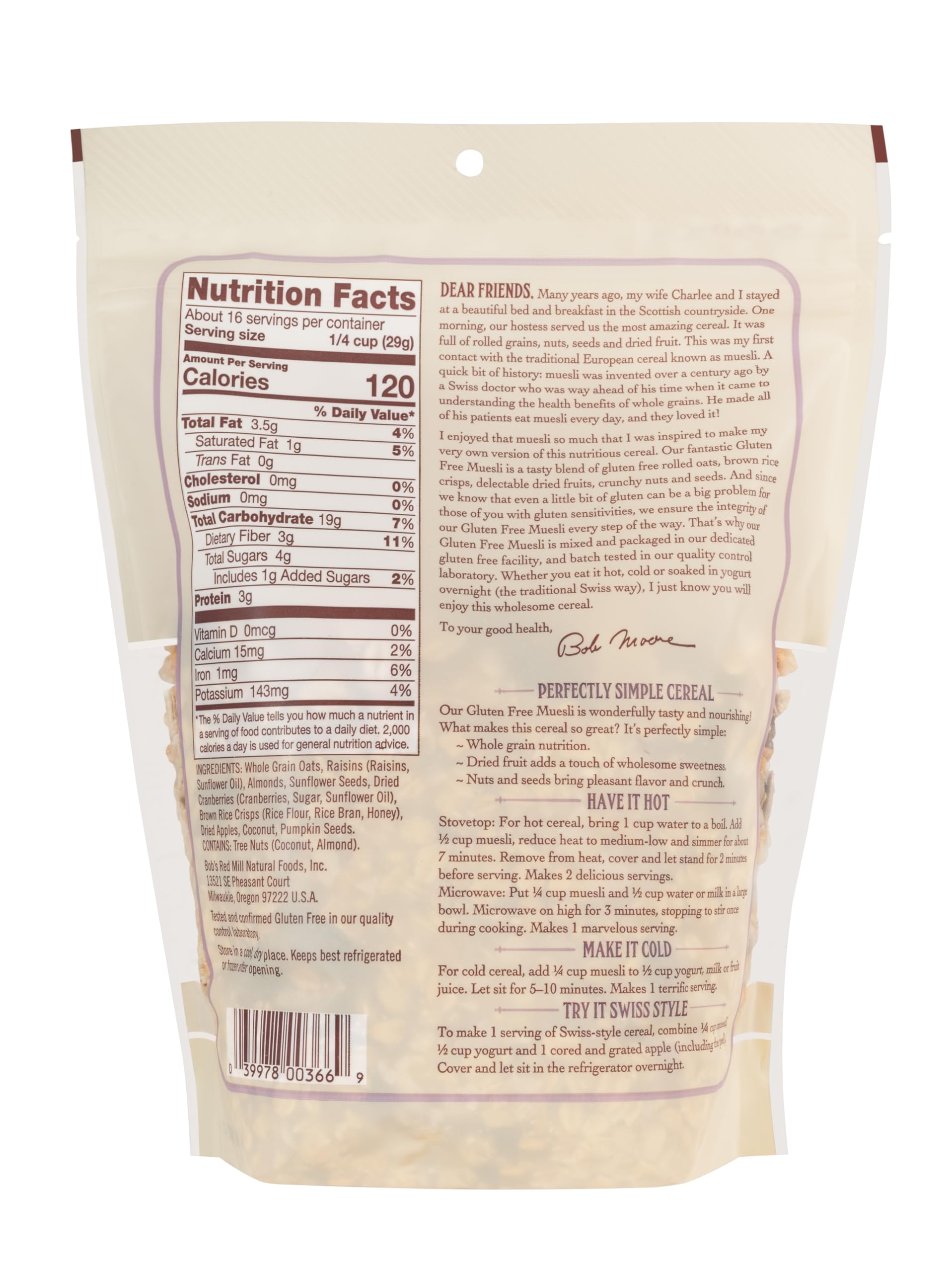 Bob's Red Mill gluten free muesli packaging for easy pantry breakfast.