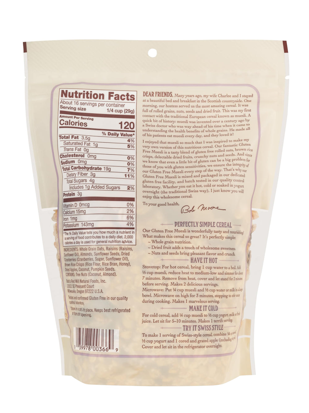 Bob's Red Mill gluten free muesli packaging for easy pantry breakfast.