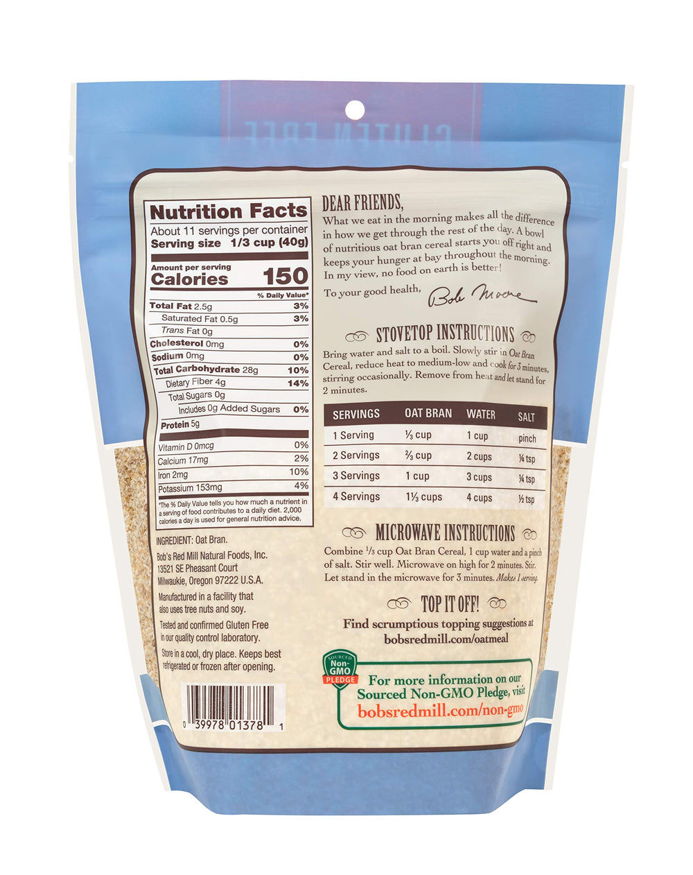 Bob's Red Mill gluten-free oat bran cereal served in a bowl with fruit