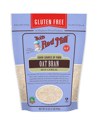 Bob's Red Mill gluten-free oat bran hot cereal bowl featuring creamy texture and fiber-rich oats.