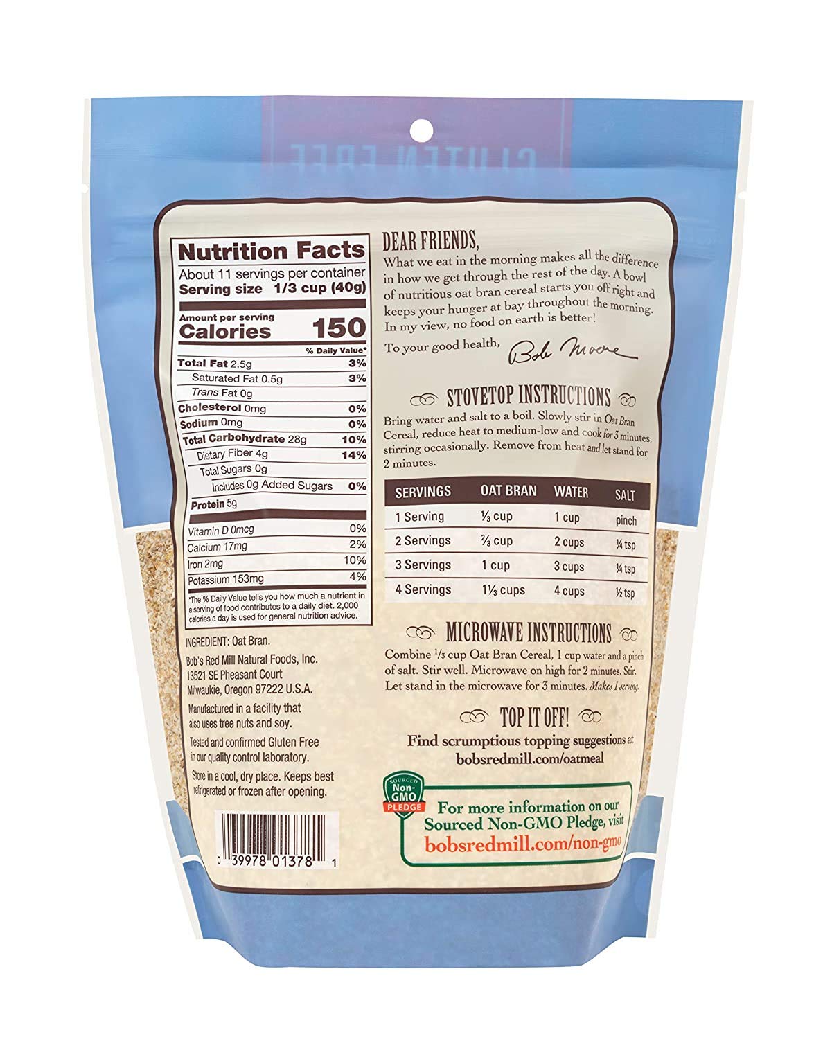 Bob's Red Mill gluten-free oat bran pack of 2 sealable bags for pantry freshness.