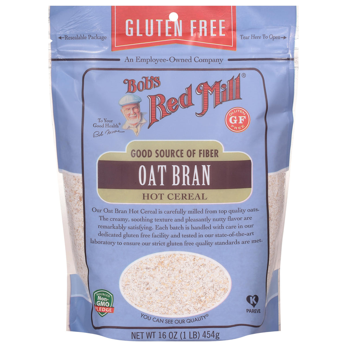 Bob's Red Mill gluten free oat bran packaging showing gluten free facility