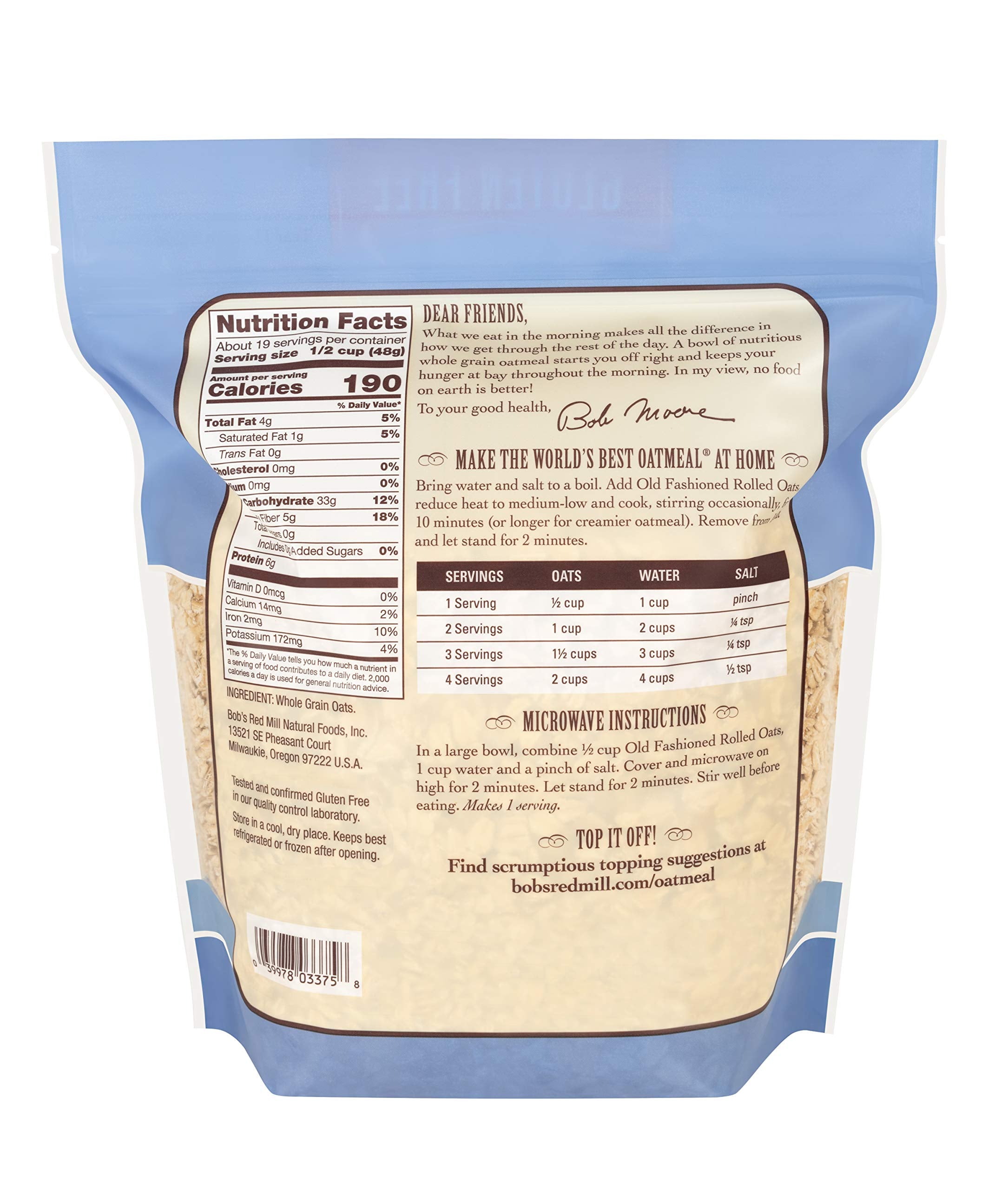 Bob's Red Mill gluten free oats packaging shows four-pack convenience and non-GMO promise.