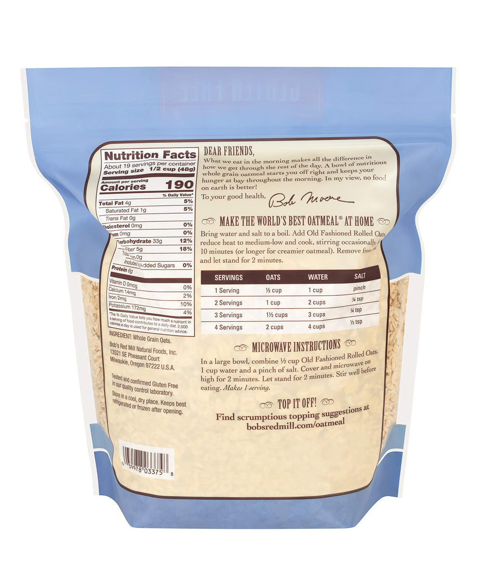 Bob's Red Mill gluten free oats packaging shows four-pack convenience and non-GMO promise.