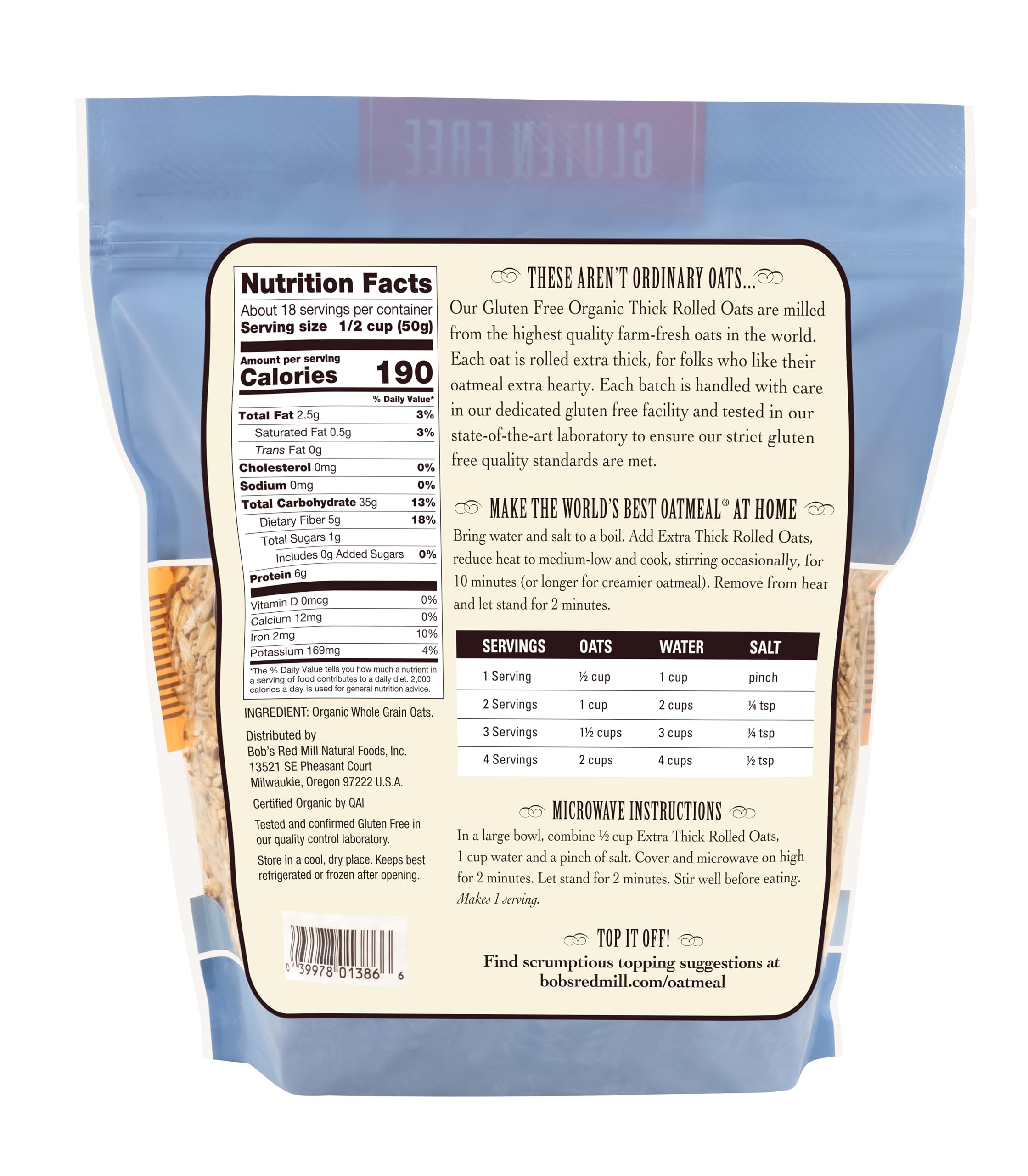 Bob's Red Mill gluten-free organic extra thick oats close-up of raw oats for fiber-rich morning bowls.