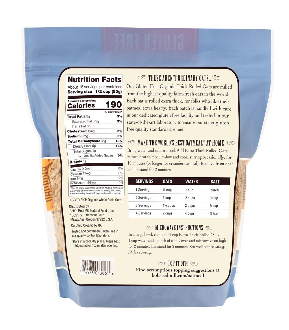 Bob's Red Mill gluten-free organic extra thick oats close-up of raw oats for fiber-rich morning bowls.