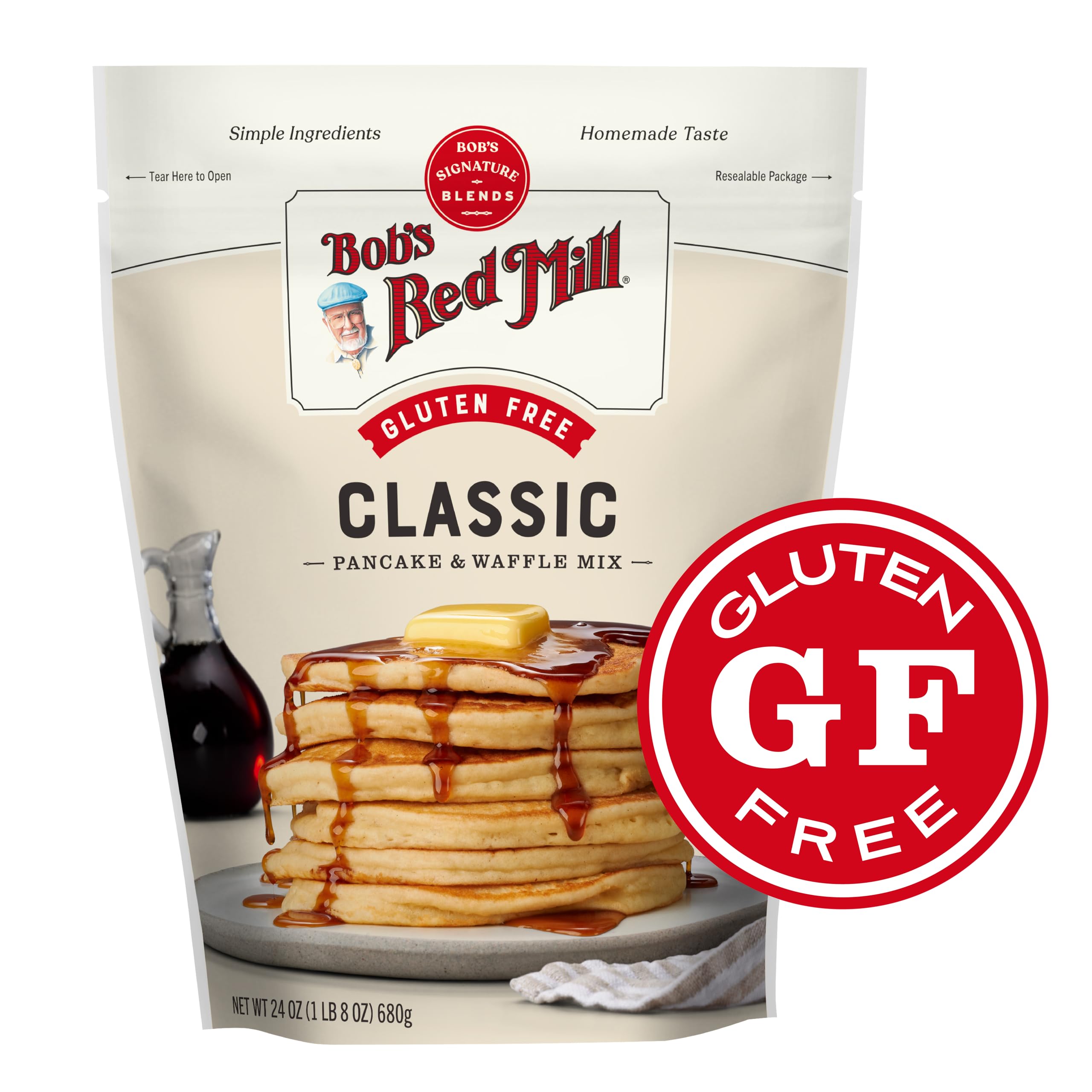 Bob's Red Mill gluten free pancake mix with measuring cup highlighting whole grain ingredients