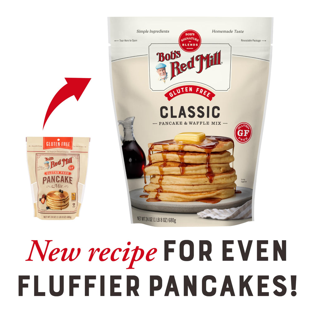 Bob's Red Mill gluten free pancake mix on kitchen counter for customizable breakfast