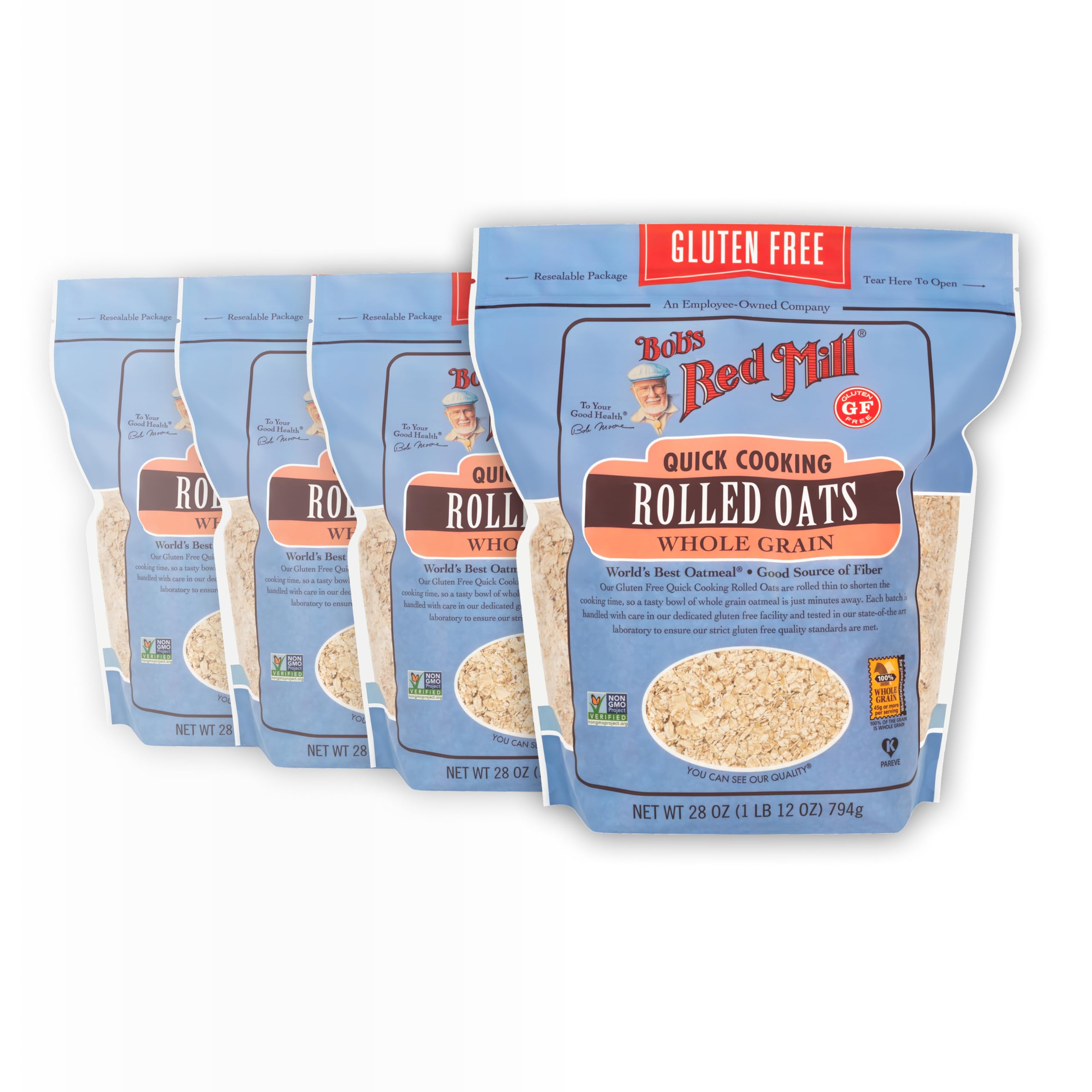 Bob's Red Mill gluten free quick cooking oats 4-pack on shelf, ready-to-cook convenience.