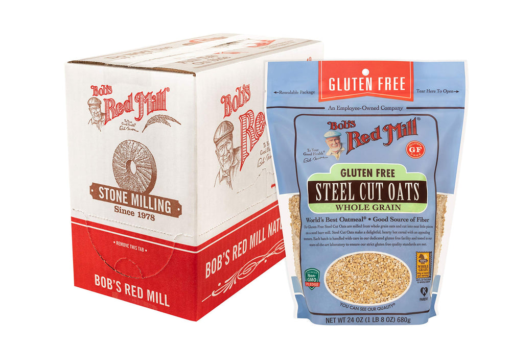 Bob's Red Mill gluten free steel cut oats, 24oz pack-4 label on display, great for gluten-free breakfasts.