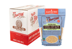 Bob's Red Mill gluten free steel cut oats, 24oz pack-4 label on display, great for gluten-free breakfasts.