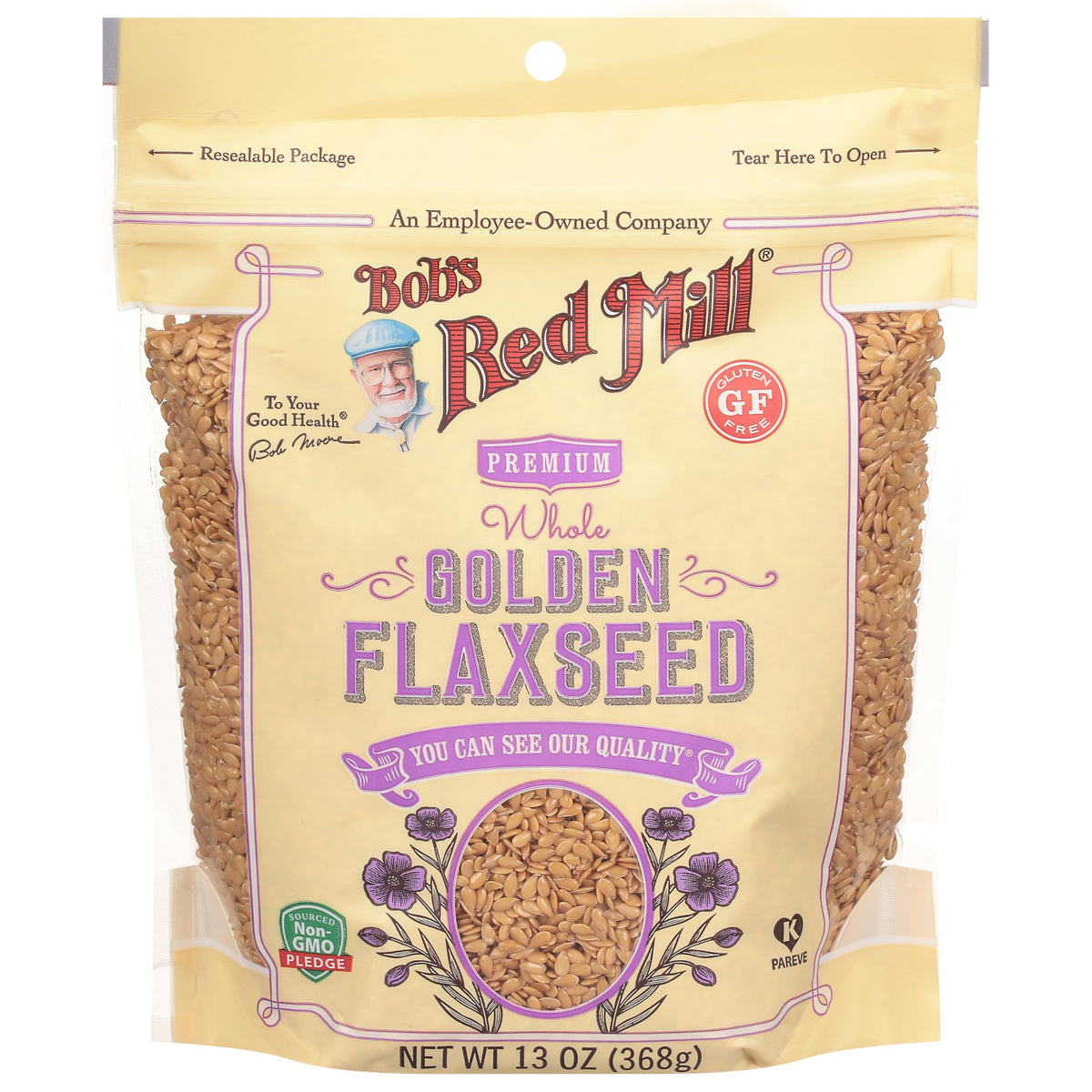 Bob's Red Mill Golden Flaxseeds jar on counter boosts fiber and omega fatty acids.