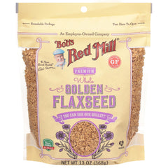 Bob's Red Mill Golden Flaxseeds jar on counter boosts fiber and omega fatty acids.