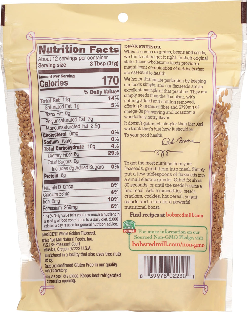 Bob's Red Mill Golden Flaxseeds seed close-up shows tiny seeds rich in fiber and essential fats.