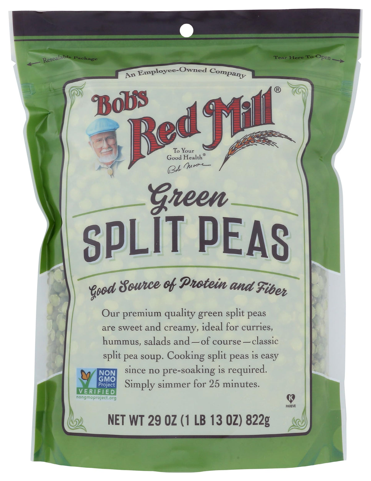 Bob's Red Mill Green Split Peas bag on counter, ideal for hearty soups