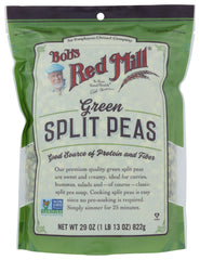 Bob's Red Mill Green Split Peas bag on counter, ideal for hearty soups