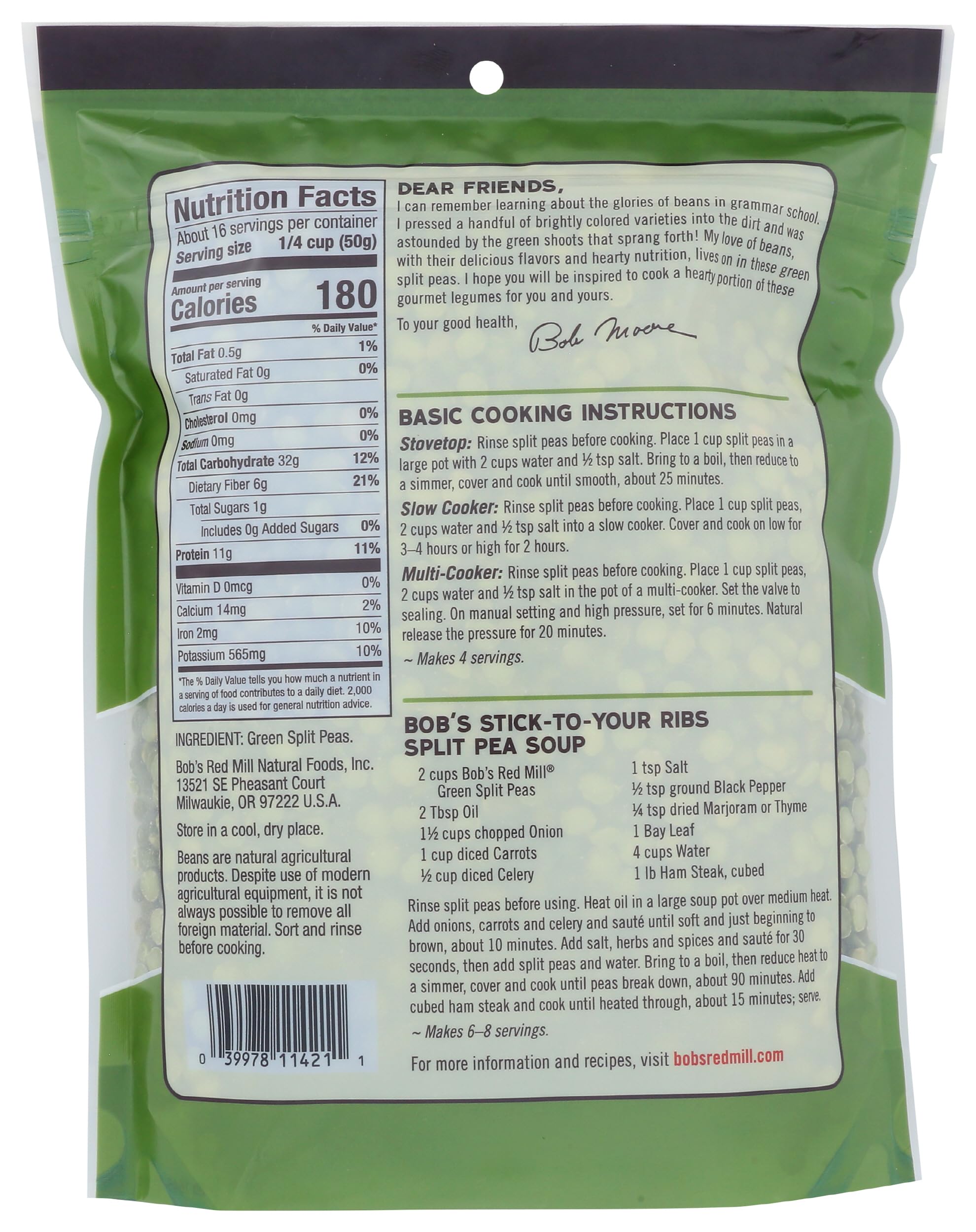 Close-up of Bob's Red Mill Green Split Peas, perfect for soups and stews