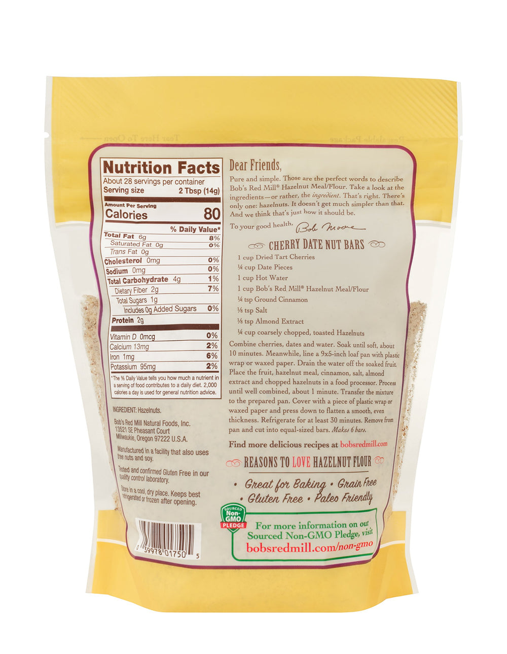 Scoop of Bob's Red Mill hazelnut flour reveals rich, nutty flavors.