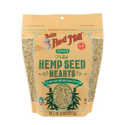 Bob's Red Mill hemp seed hearts closeup, rich oil content ideal for baking