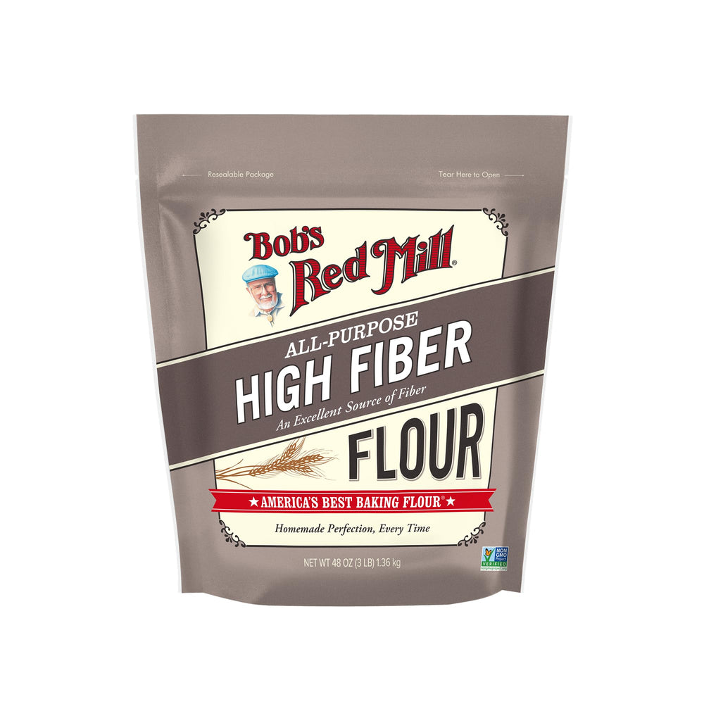Bob's Red Mill High Fiber Flour being poured for 1:1 baking substitution