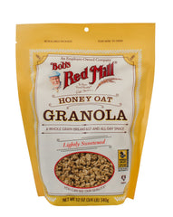 Bob's Red Mill Honey Oat Granola served in a bowl with milk for a quick breakfast.
