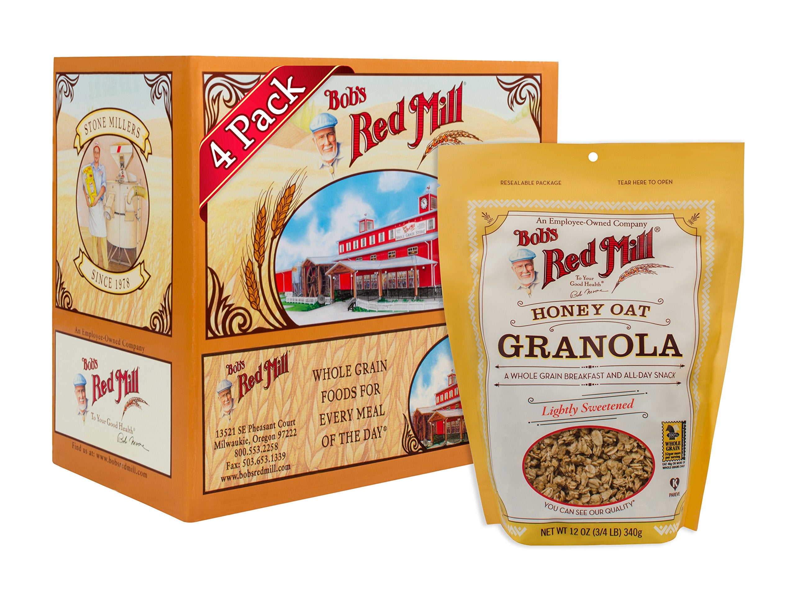 Bob's Red Mill Honey Oat Granola packaging with four pouches for easy breakfast prep.