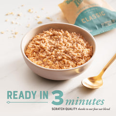 Bob's Red Mill Instant Oatmeal bowl image illustrates three-minute cook time.