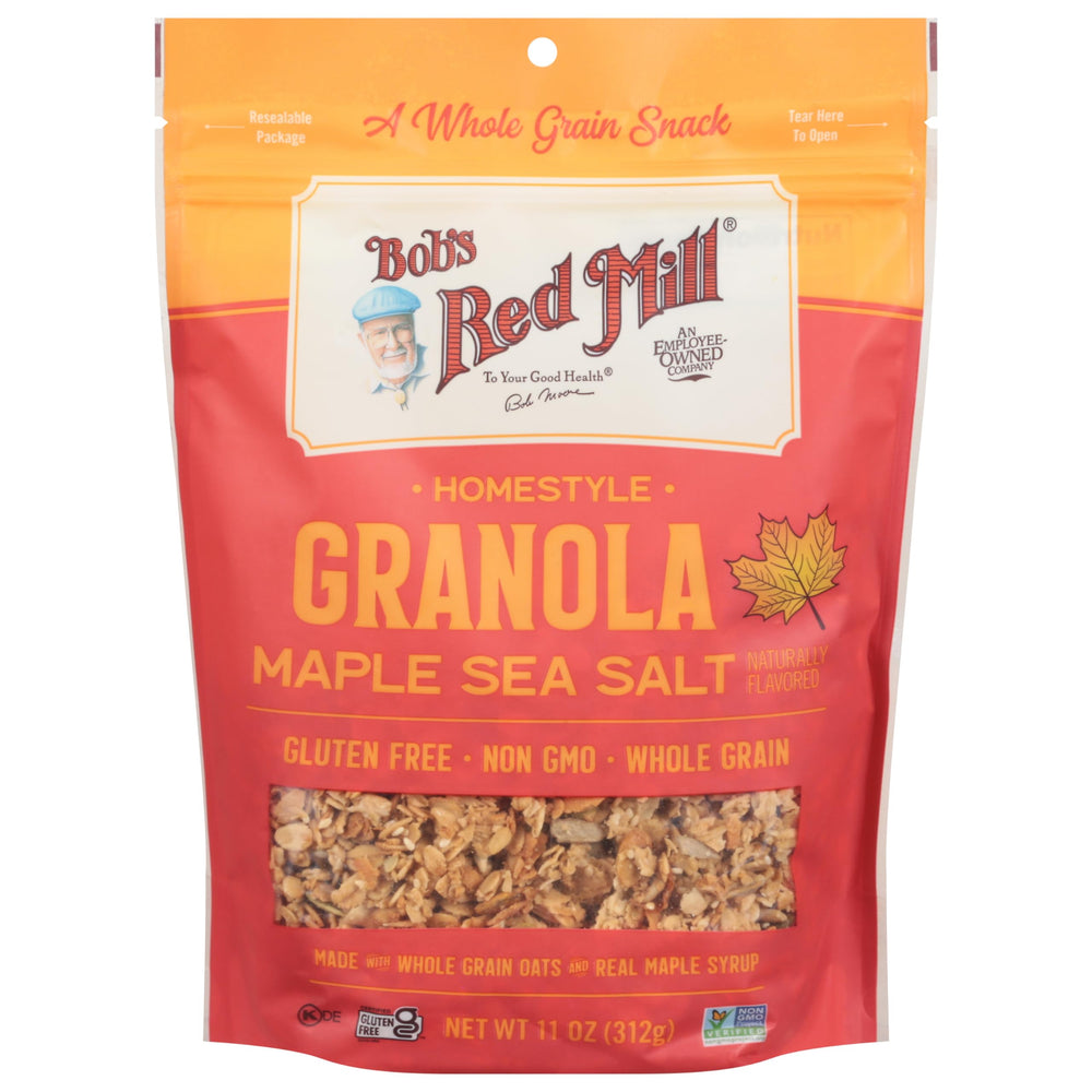 Bob's Red Mill Maple Sea Salt Granola dry scatter highlighting crunchy clusters for a snack on the go