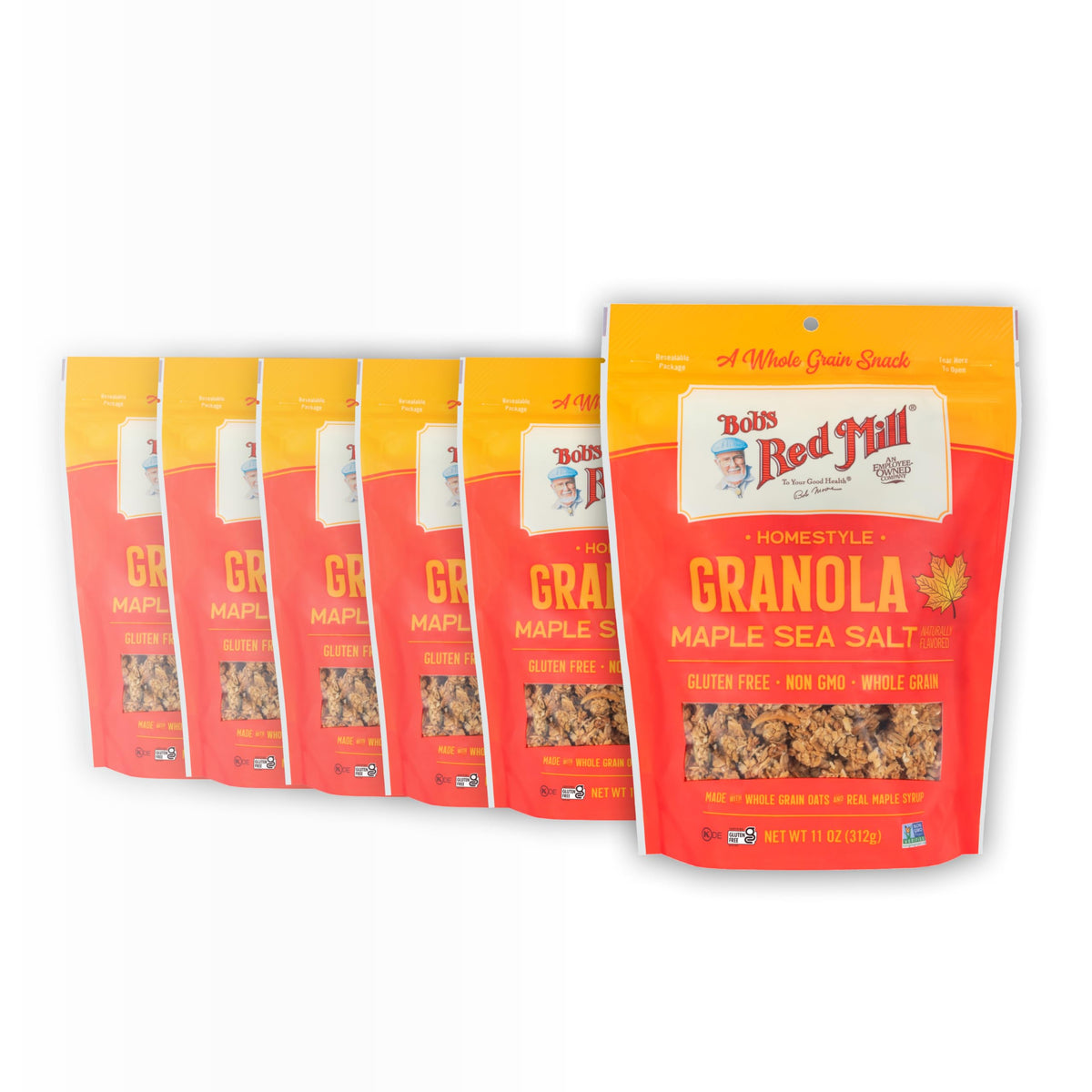 Bob's Red Mill Maple Sea Salt Granola pack shot highlighting whole grains and crunch for a quick breakfast