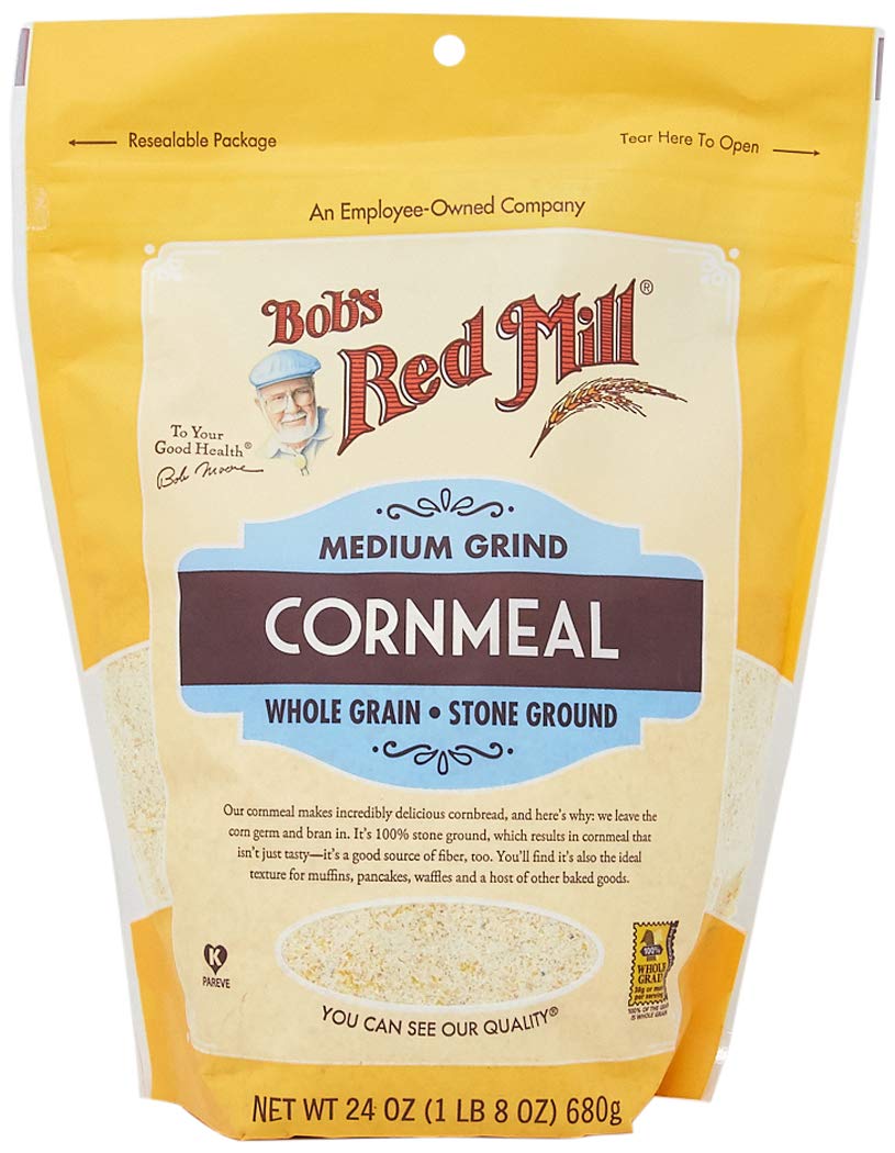Bob's Red Mill Medium Grind Cornmeal bag shows a full, hearty whole grain texture for cornbread.
