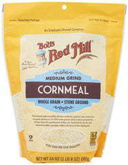 Bob's Red Mill Medium Grind Cornmeal bag shows a full, hearty whole grain texture for cornbread.