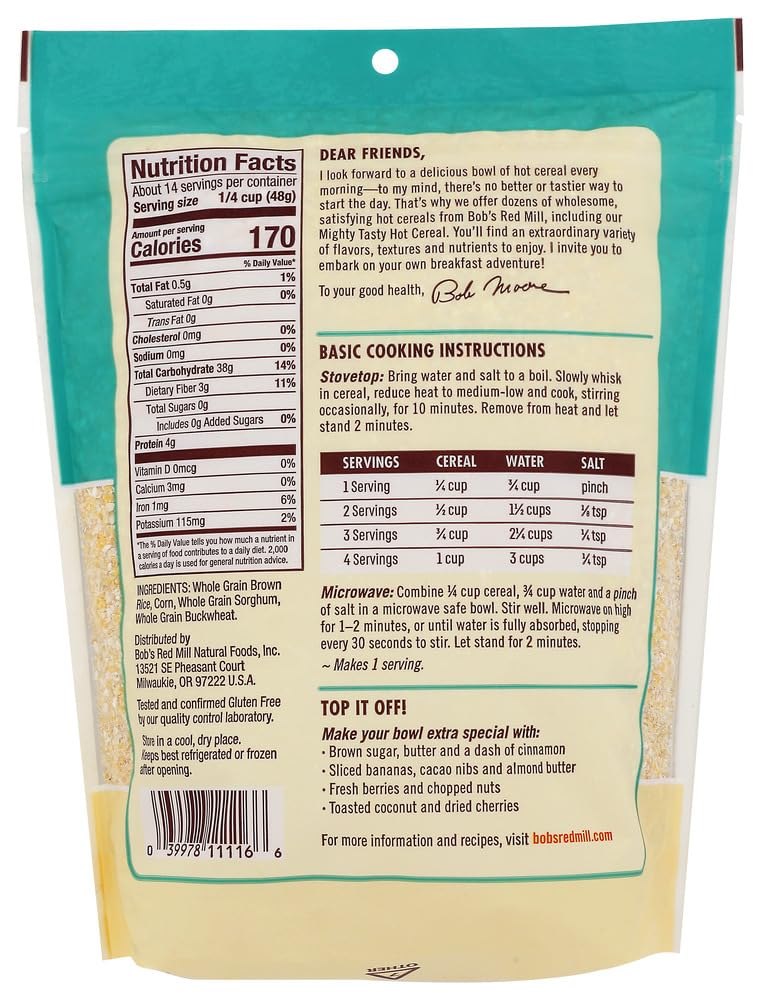 Bob's Red Mill gluten-free cereal packaging on shelf signaling vegan and kosher options