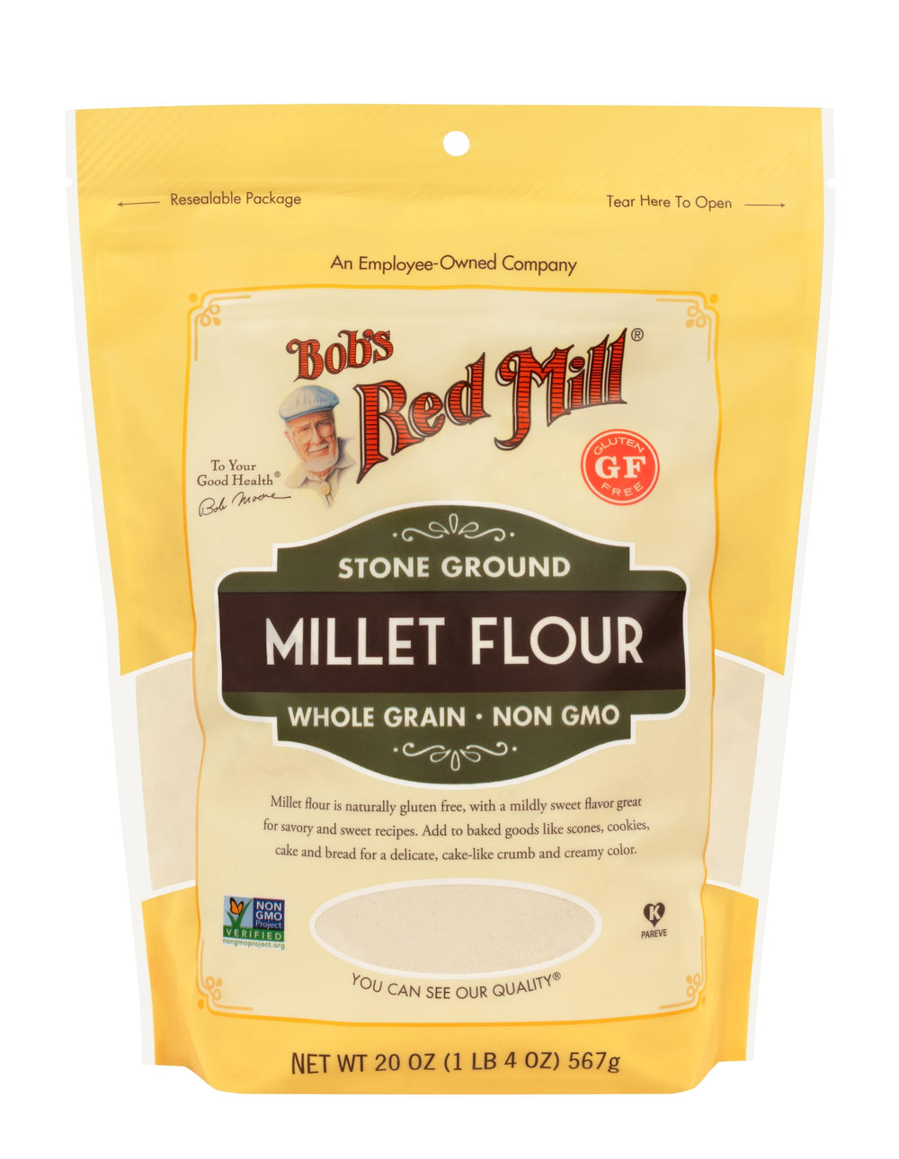 Bob's Red Mill millet flour in a stone-ground bag, ideal for gluten-free baking