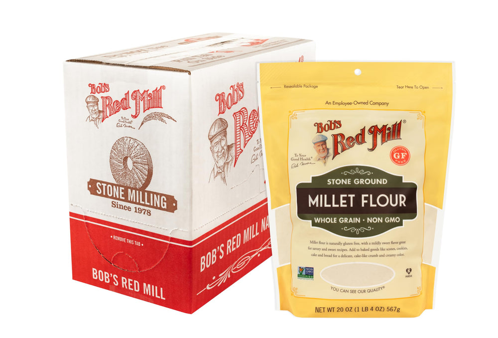 Vegan badge on millet flour signals plant-based baking options